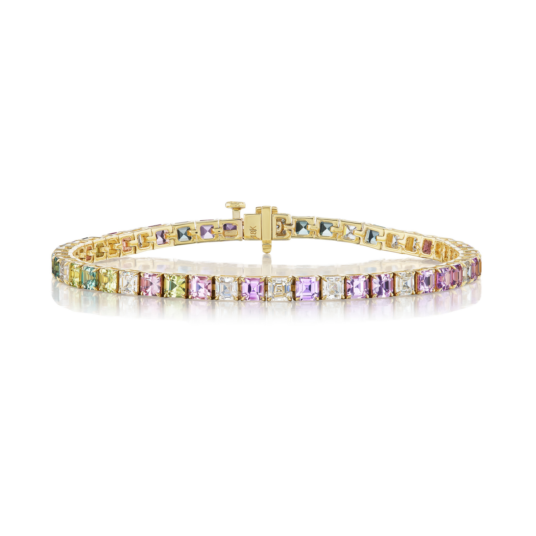 Multicolor Asscher Cut Diamond and Sapphire Tennis Bracelet in Yellow Gold