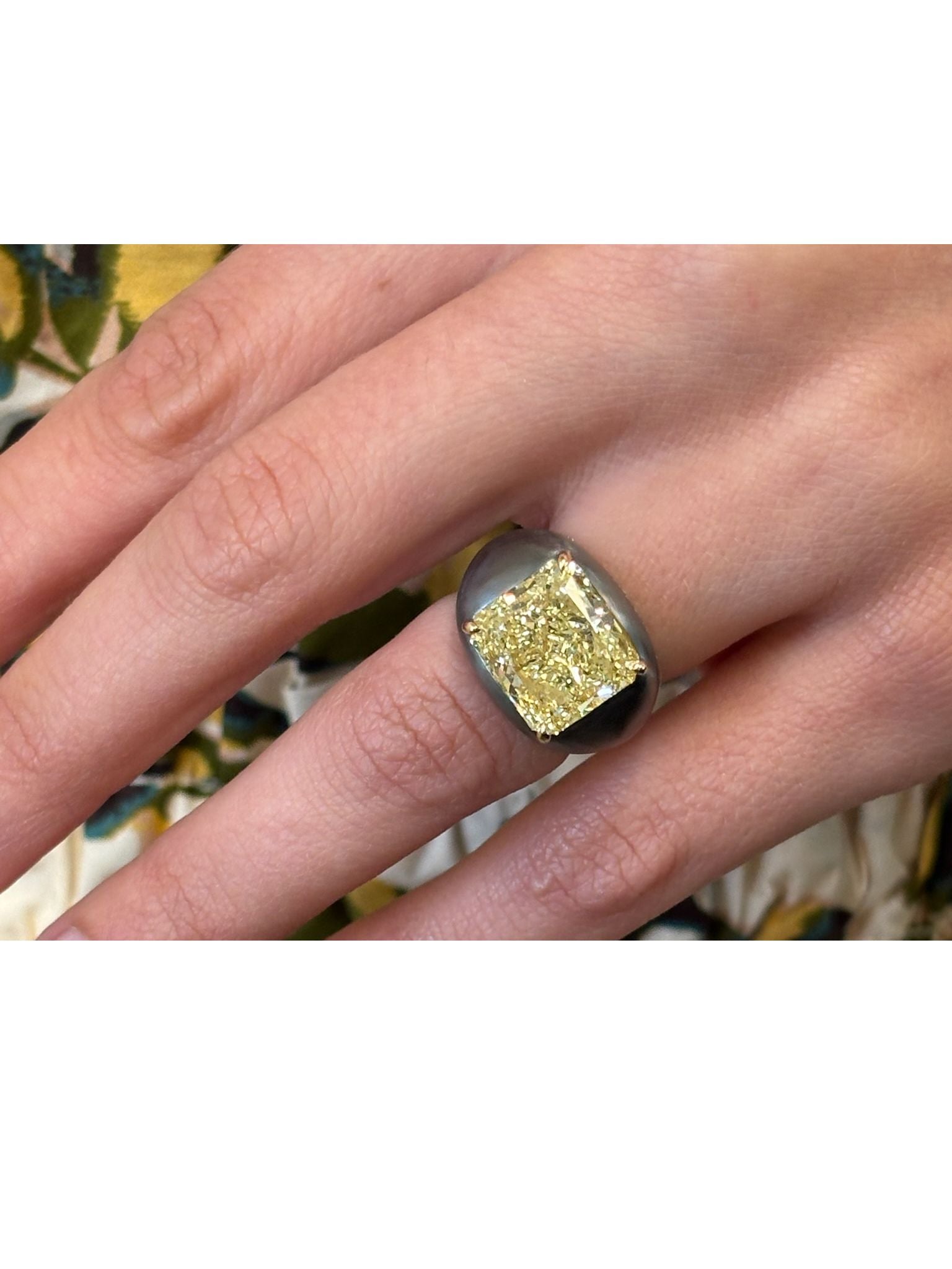 East-West Prong Set Radiant Cut Yellow Diamond Signet Ring in Black Rhodium