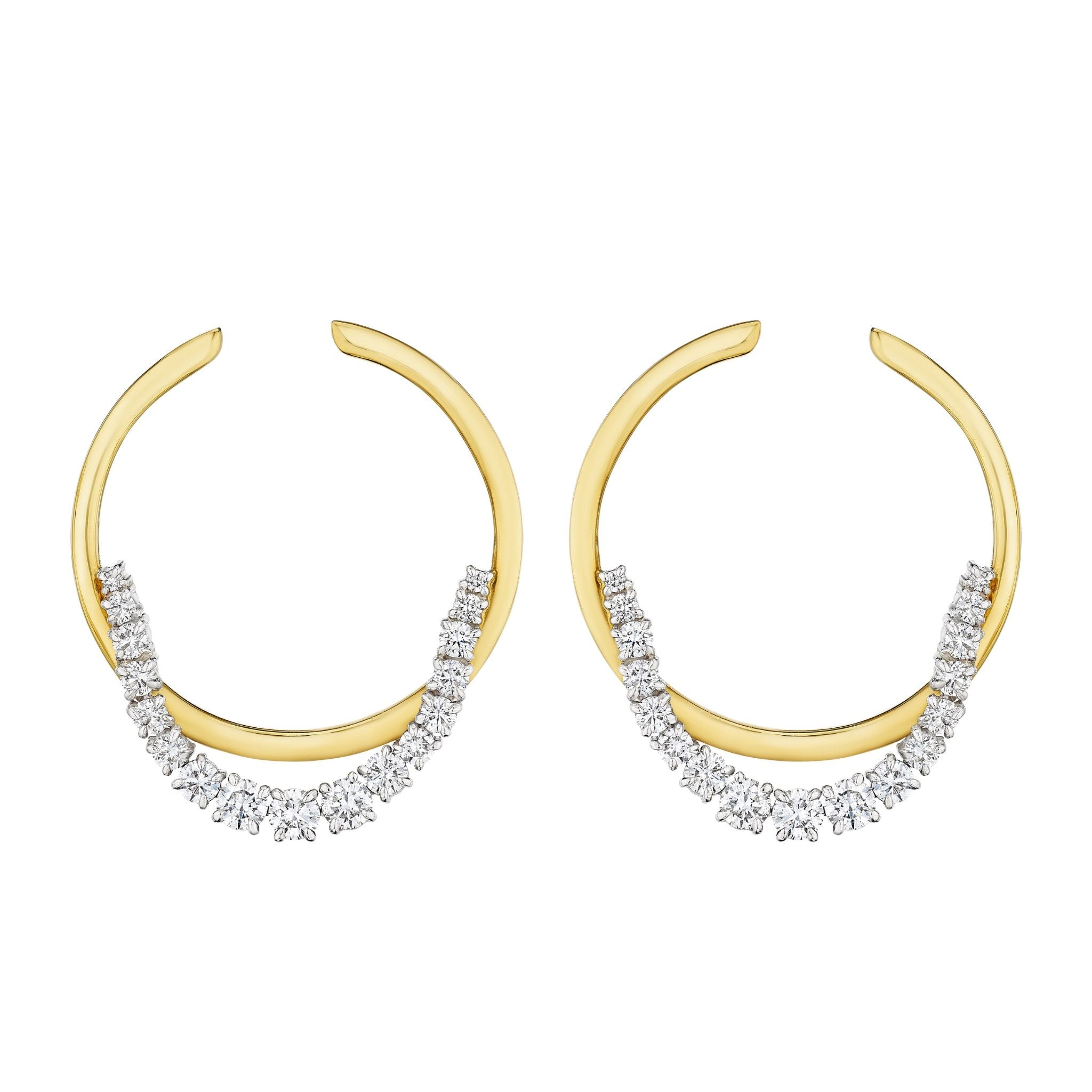 The Coil Draped Hoop Earrings in yellow gold and platinum feature clusters of sparkling white gemstones along the lower curve, shown against a white background.