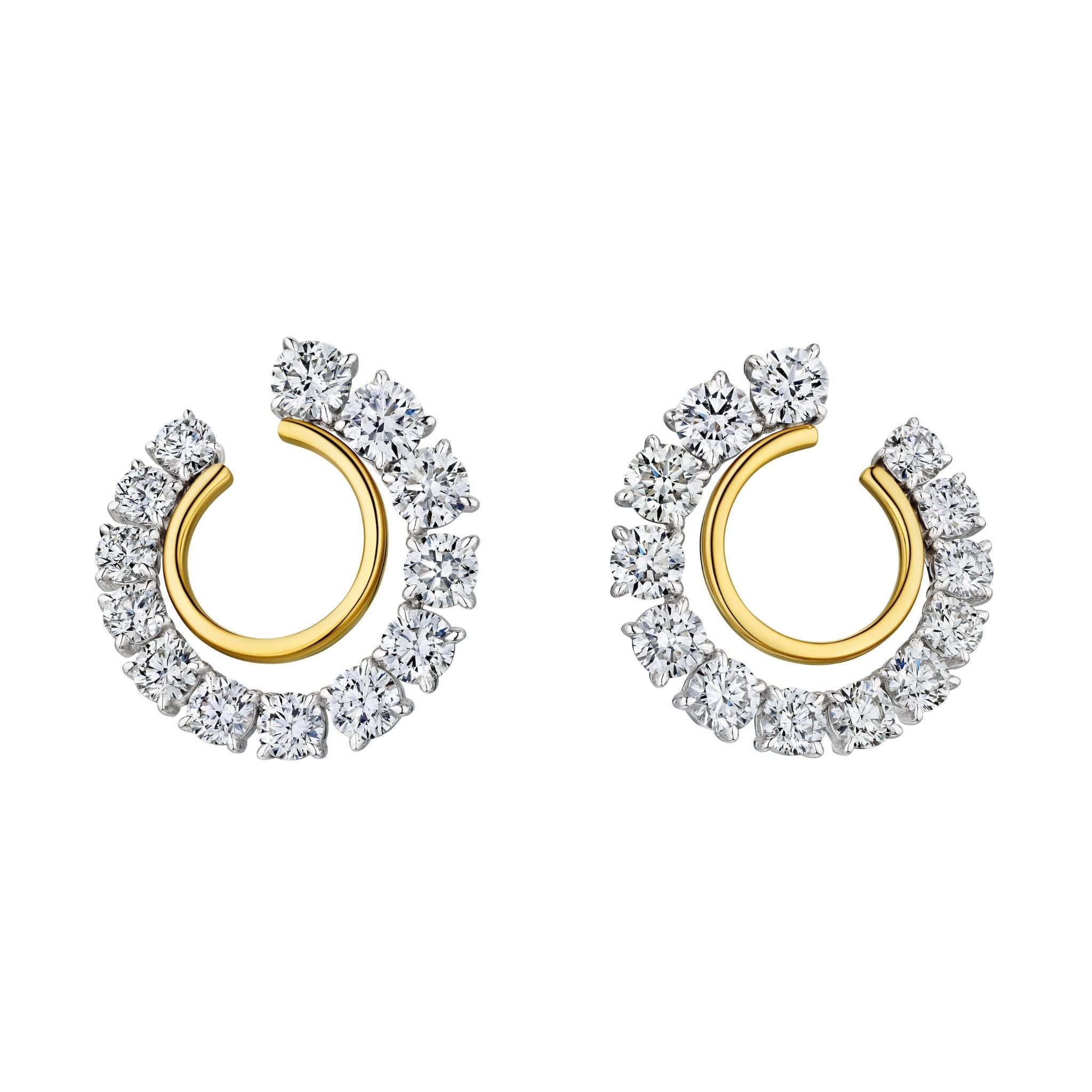The Coil Round Diamond Front-to-Back Hoop Earrings in yellow gold and platinum feature an open spiral design with round natural diamonds partially encrusting each hoop.