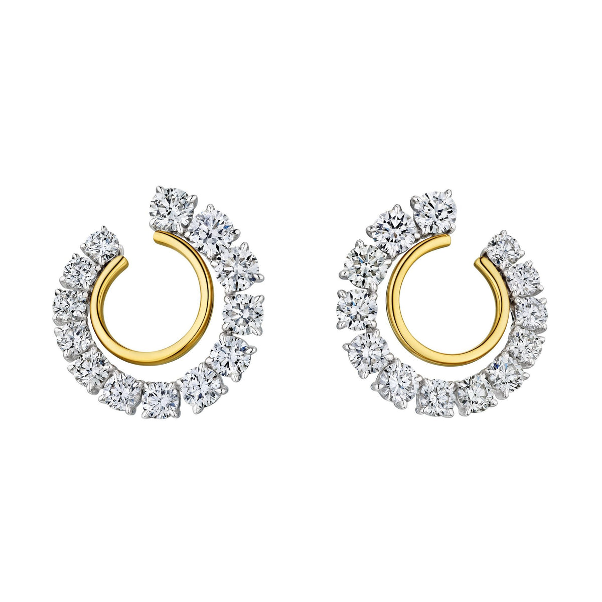 Coil Round Diamond Front-to-Back Hoop Earrings in Yellow Gold and Platinum