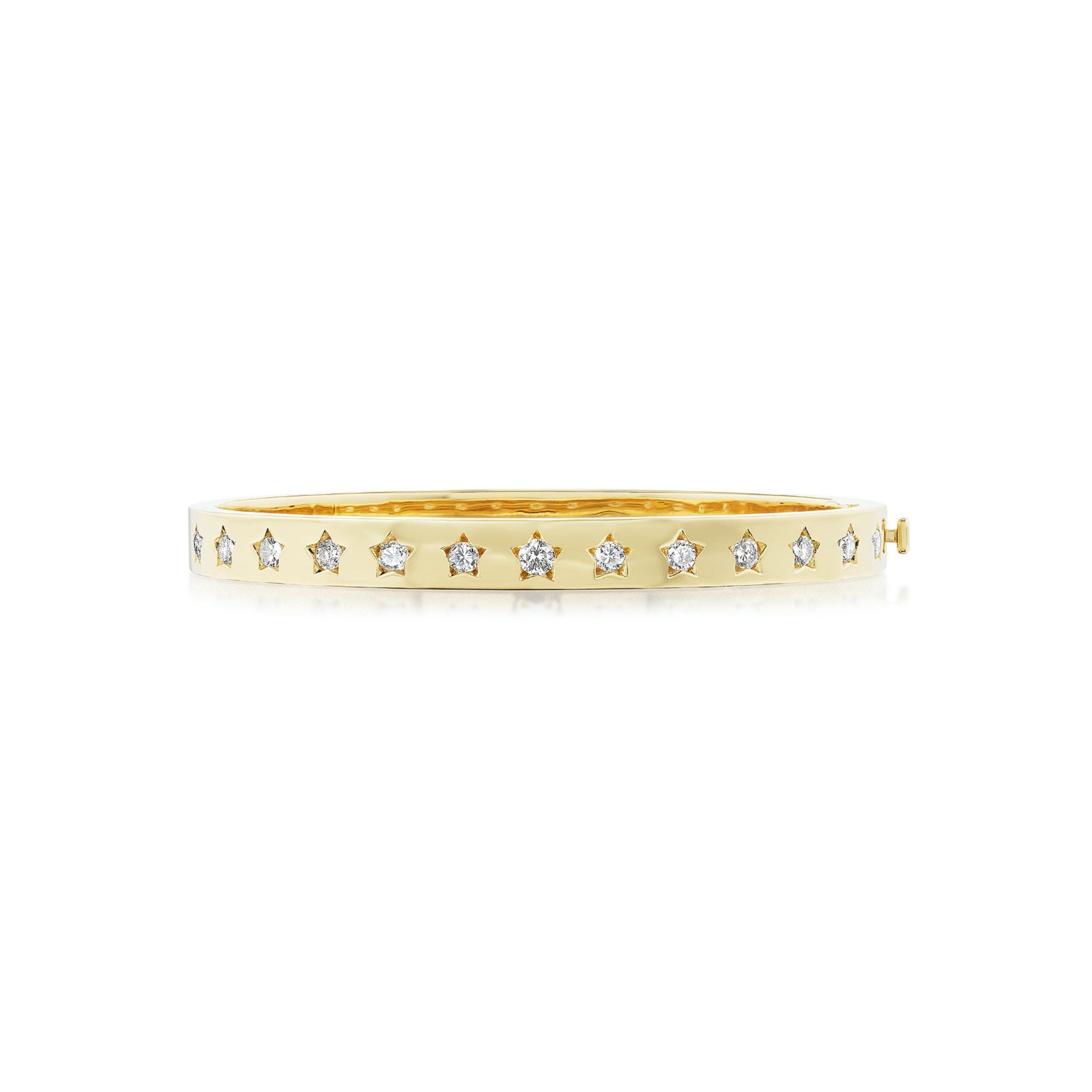 The Celestial Seeing Stars Diamond Bangle, from our Celestial Collection, is crafted in 18k gold with round diamonds set in star-shaped settings on the front, and is finished with a smooth polish and secure side clasp.