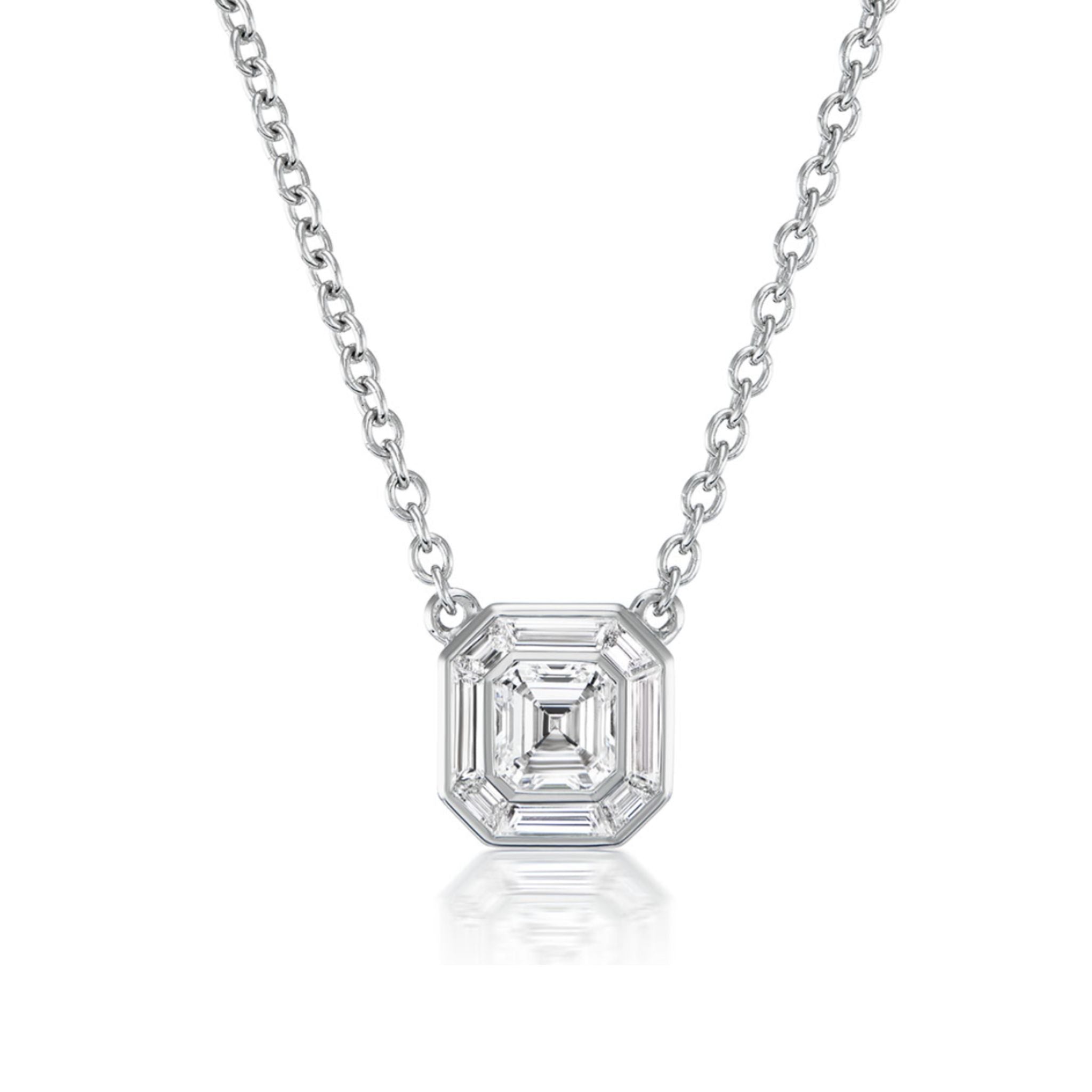 The Asscher Cut Diamond Mosaic Necklace in White Gold features a silver chain and an octagonal pendant with a geometric diamond-like design, shown on a white background.