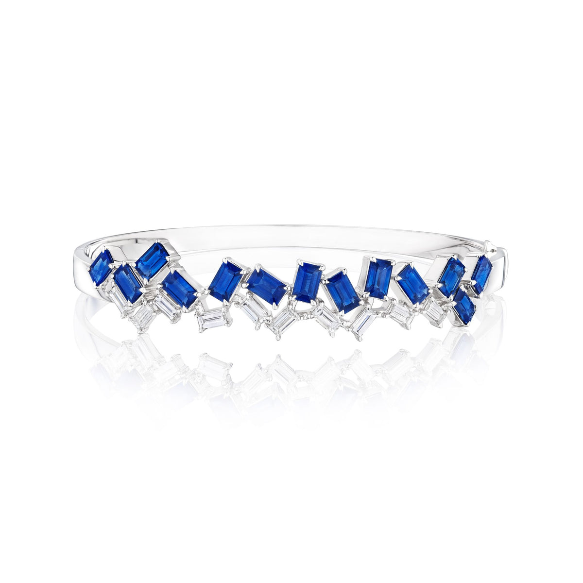 Chroma Empire Alternating Emerald Cut Sapphire and Diamond Bangle in White Gold