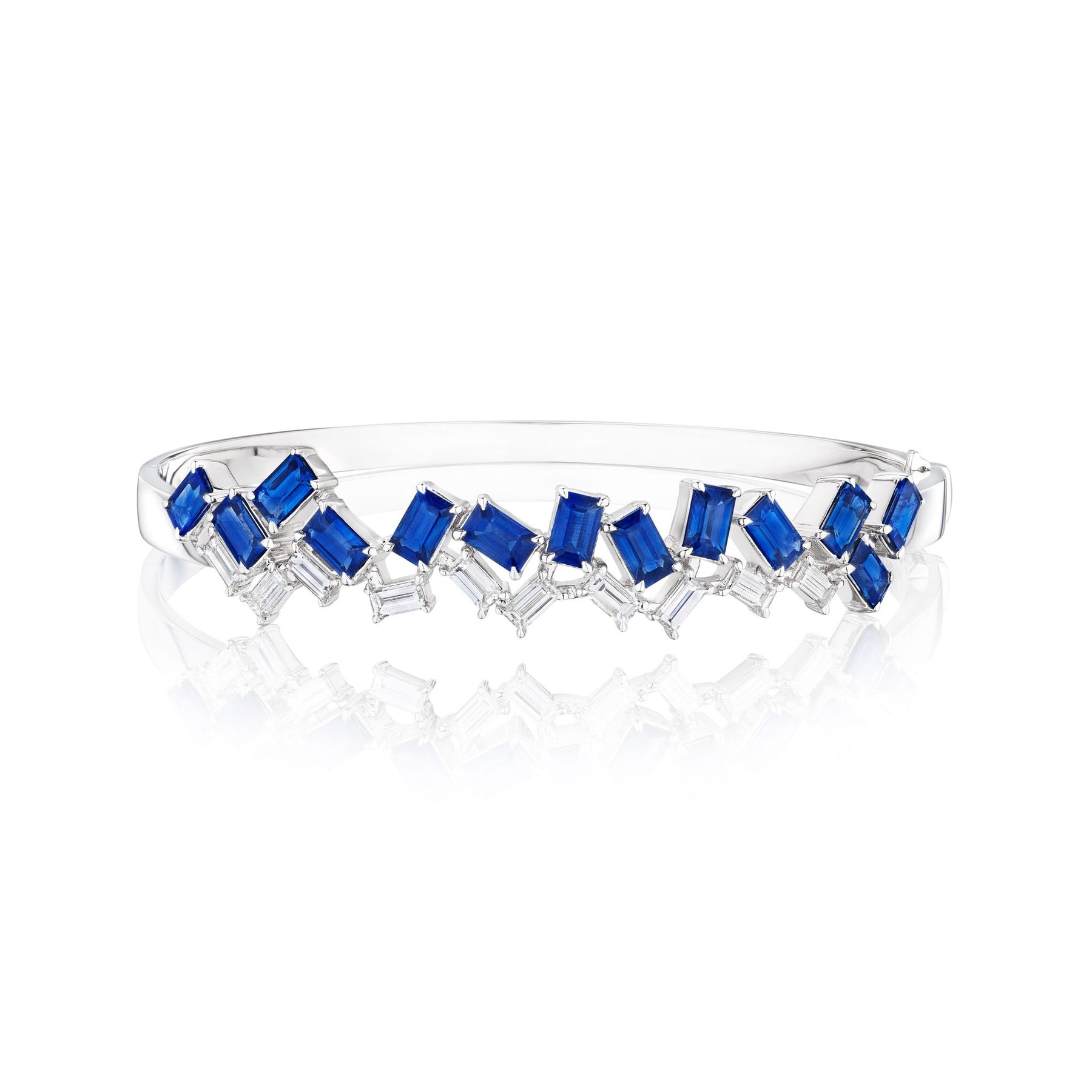 Chroma Empire Alternating Emerald Cut Sapphire and Diamond Bangle in White Gold