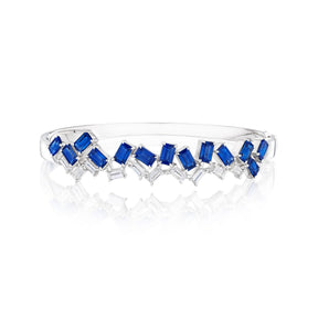 Chroma Empire Alternating Emerald Cut Sapphire and Diamond Bangle in White Gold