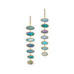 Opal Drop Earrings with Pavé in Yellow Gold: These long earrings feature seven blue and green oval opals per earring, each set vertically in a cascading design and surrounded by sparkling diamond pavé.