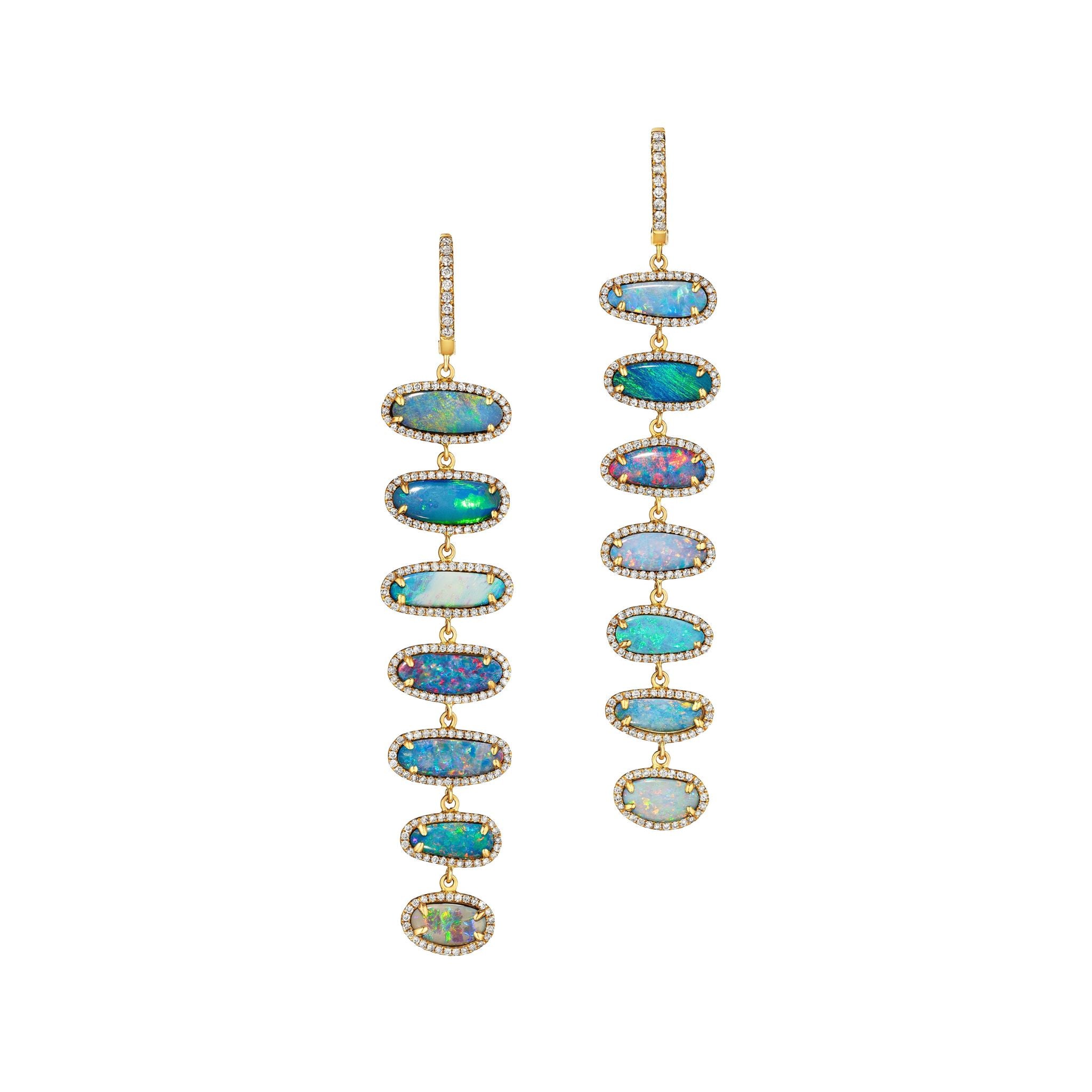 Opal Drop Earrings with Pavé in Yellow Gold: These long earrings feature seven blue and green oval opals per earring, each set vertically in a cascading design and surrounded by sparkling diamond pavé.