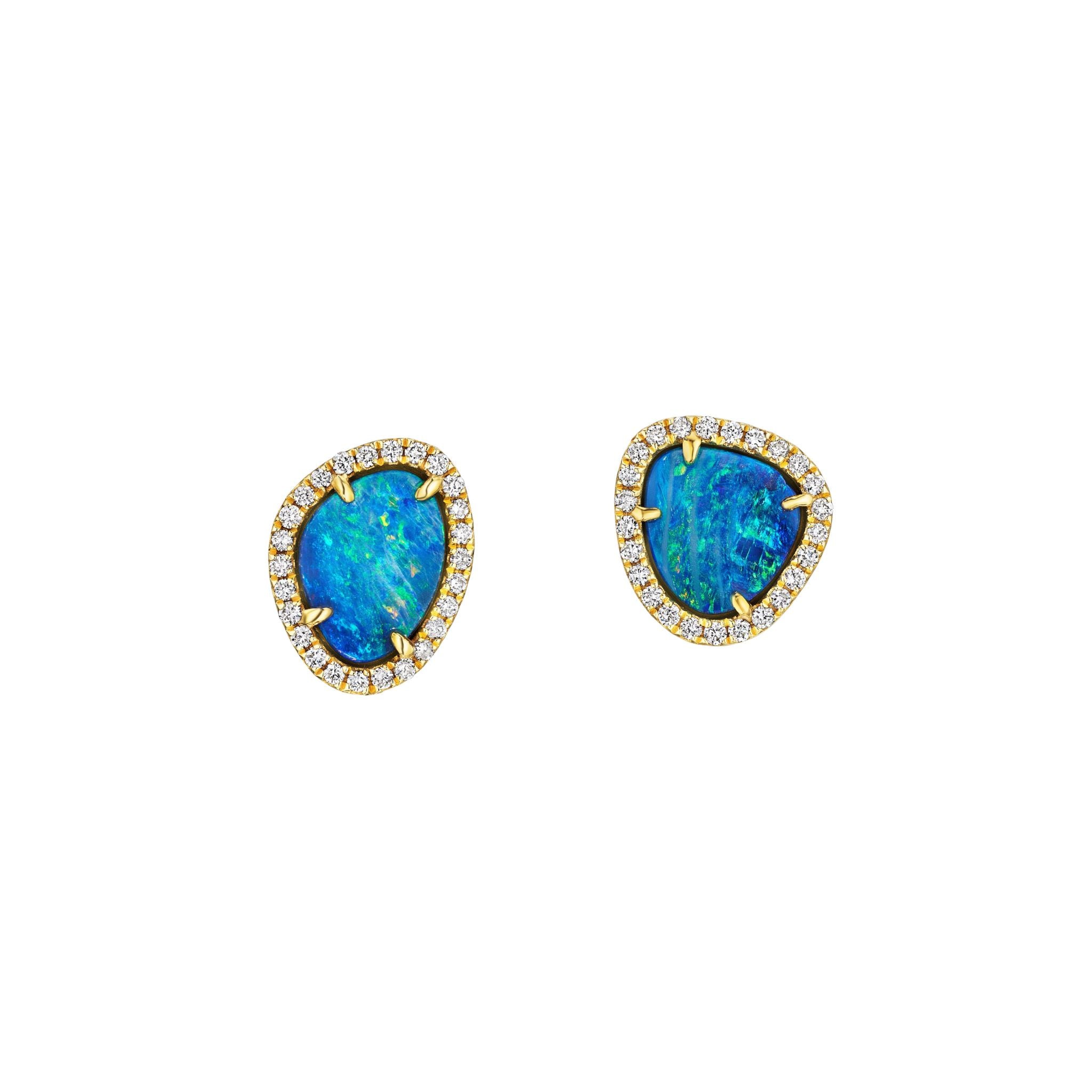 Opal Pavé Studs in Yellow Gold: 18K yellow gold earrings, each with an irregular blue-green opal encircled by diamond pavé, displayed on a plain white background.