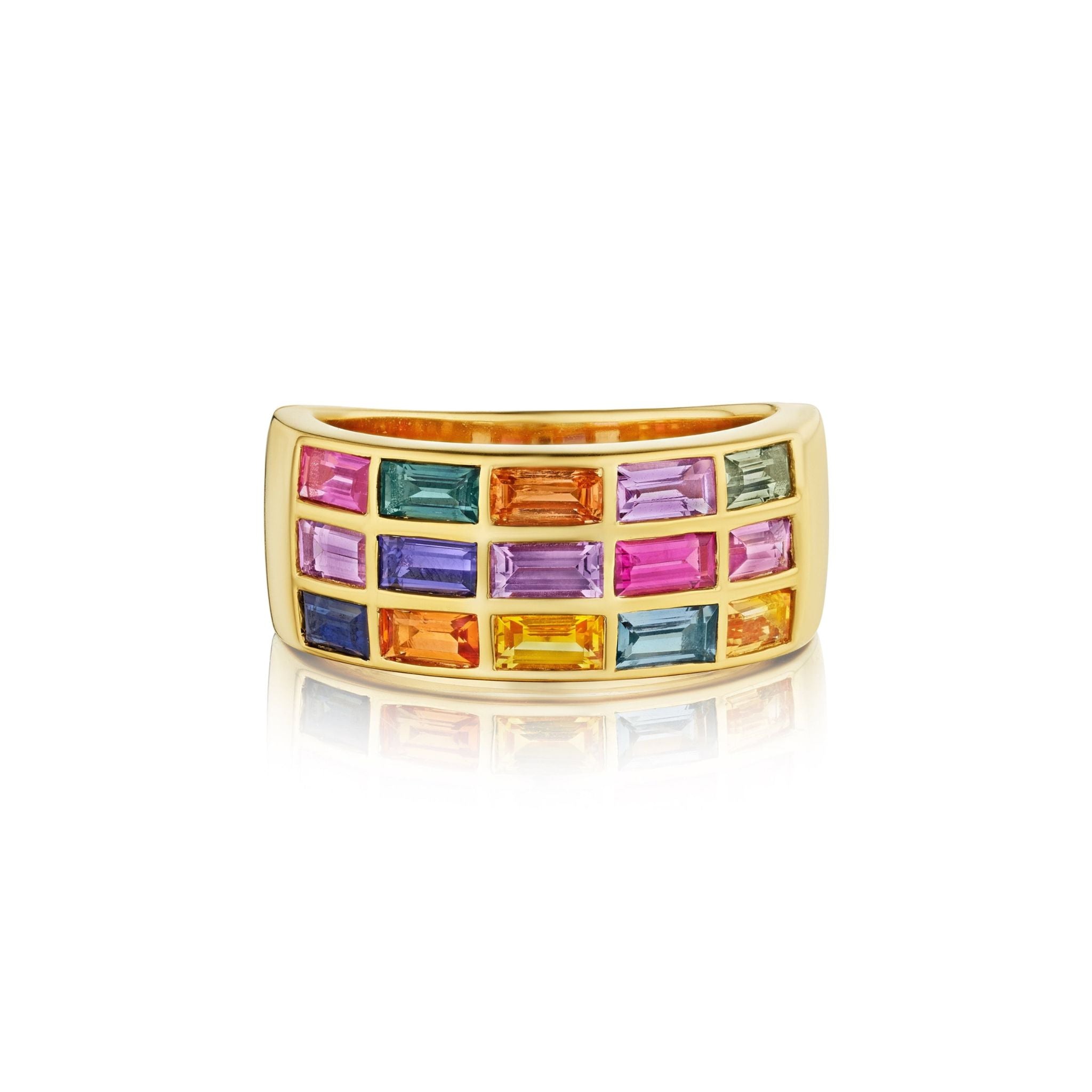 The East-West Set Multicolor Sapphire Band in yellow gold, size 6.5, showcases three rows of pink, green, orange, yellow, and blue sapphire baguettes in a grid pattern set in elegant 18k gold.