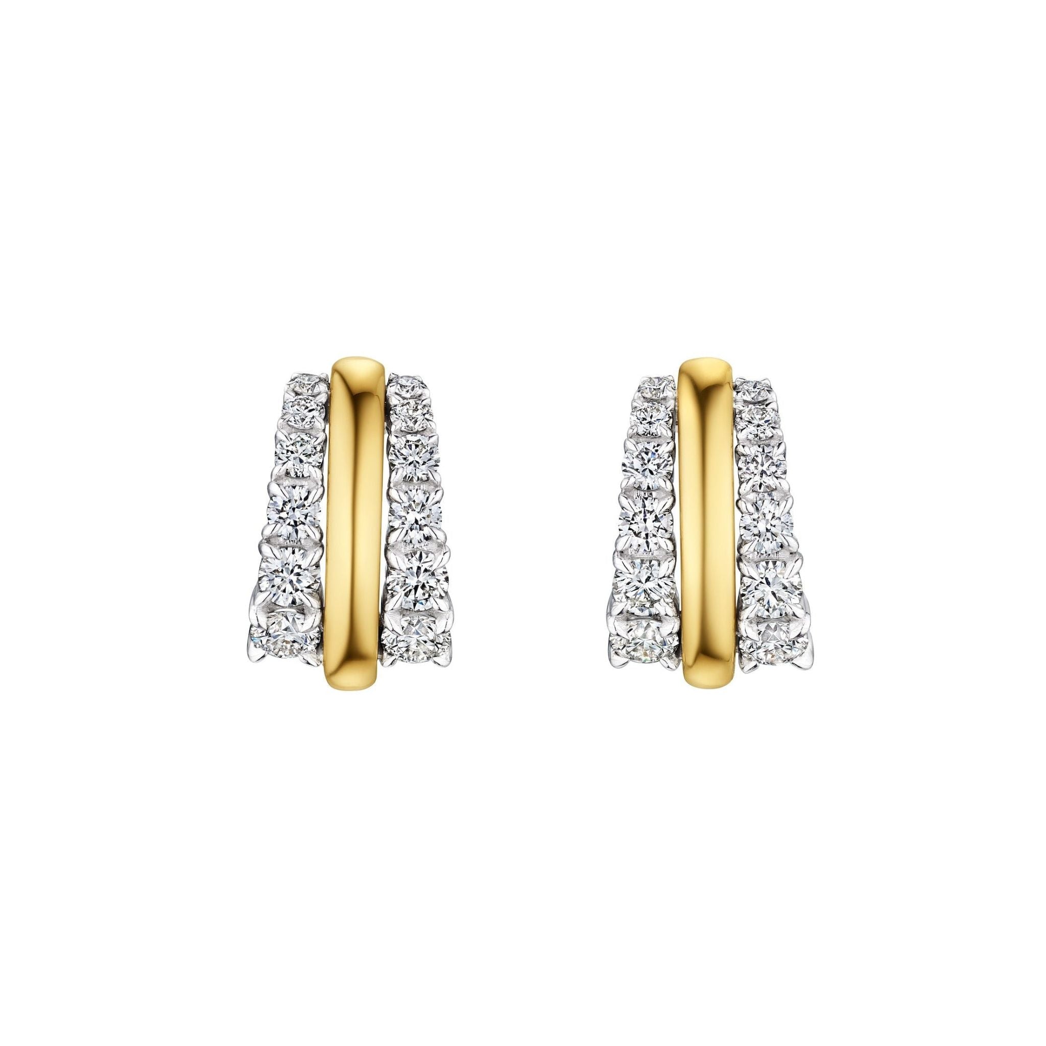 Coil Hoops with Graduated Round Diamond Borders in yellow gold and platinum, each earring features a central gold bar bordered by two rows of sparkling natural diamonds, displayed against a white background.