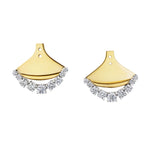 The Coil Draped Diamond Ear Jackets in yellow gold and platinum feature a fan-shaped design with 18k yellow gold and a row of sparkling natural diamonds along the curved edge.