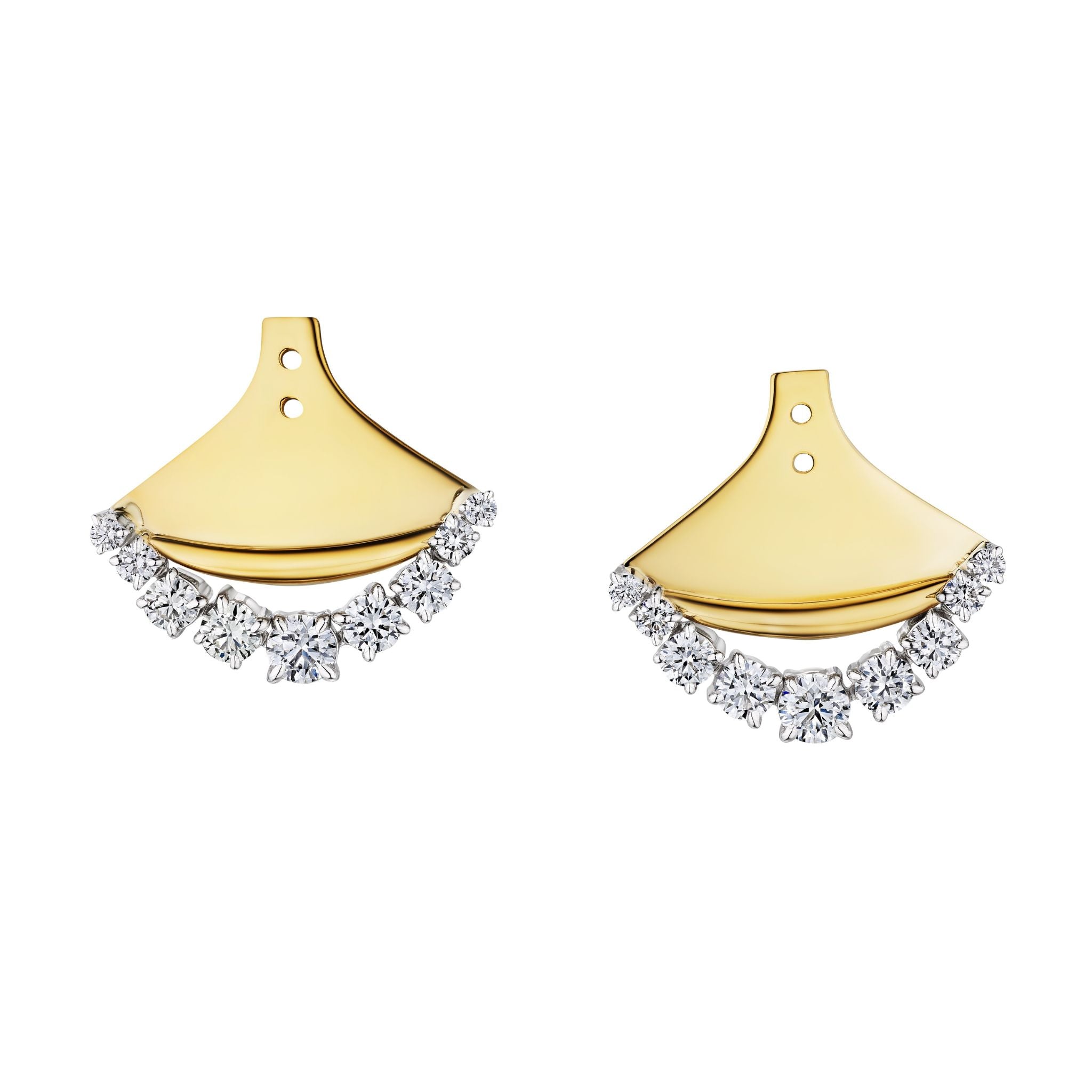 The Coil Draped Diamond Ear Jackets in yellow gold and platinum feature a fan-shaped design with 18k yellow gold and a row of sparkling natural diamonds along the curved edge.
