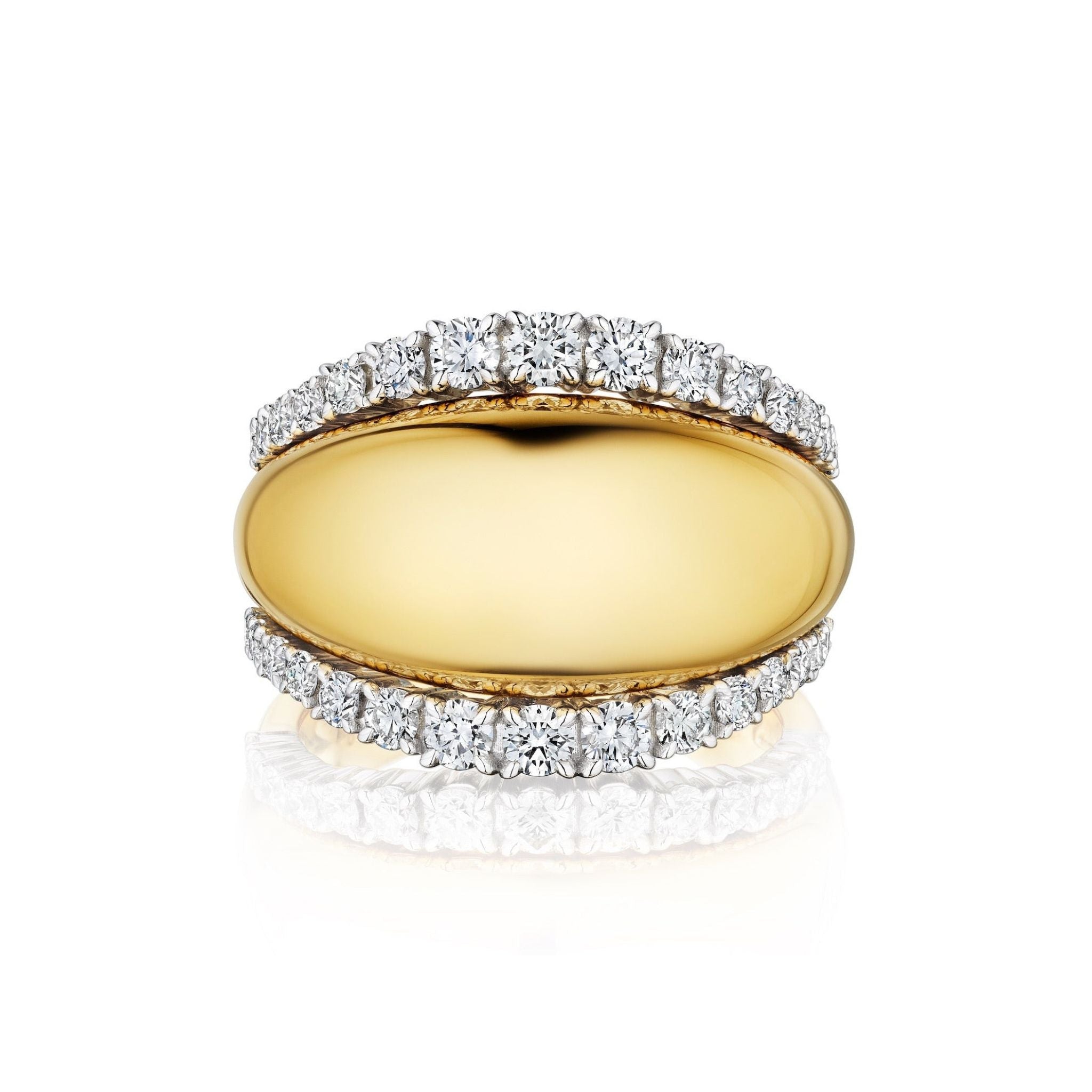 The Coil Dome Ring with Pavé Diamond Borders in Yellow Gold features a wide yellow gold dome accented by two sparkling pavé diamond rows, delivering a luxurious and elegant look against a white background.
