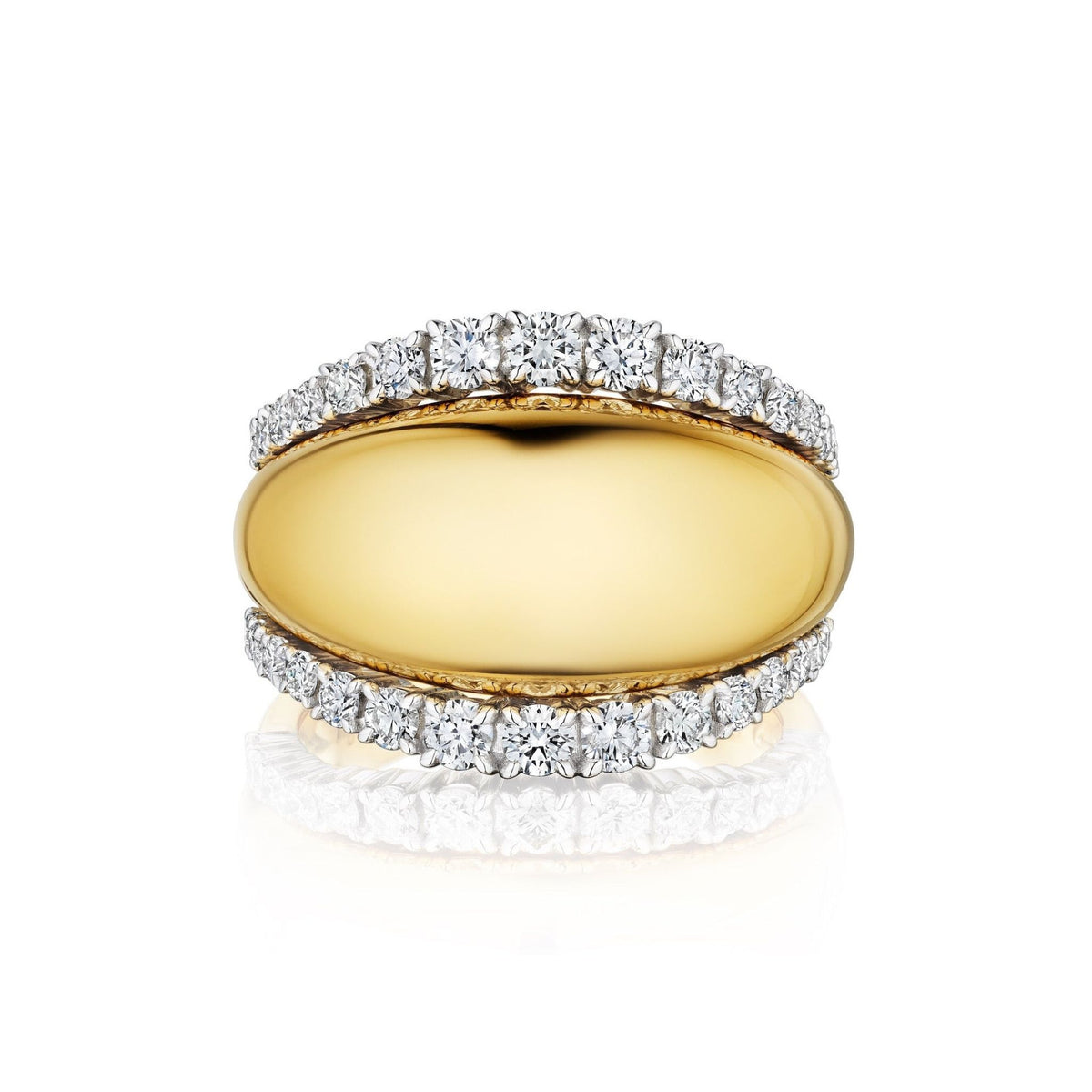 Coil Dome Ring with Pavé Diamond Borders in Yellow Gold