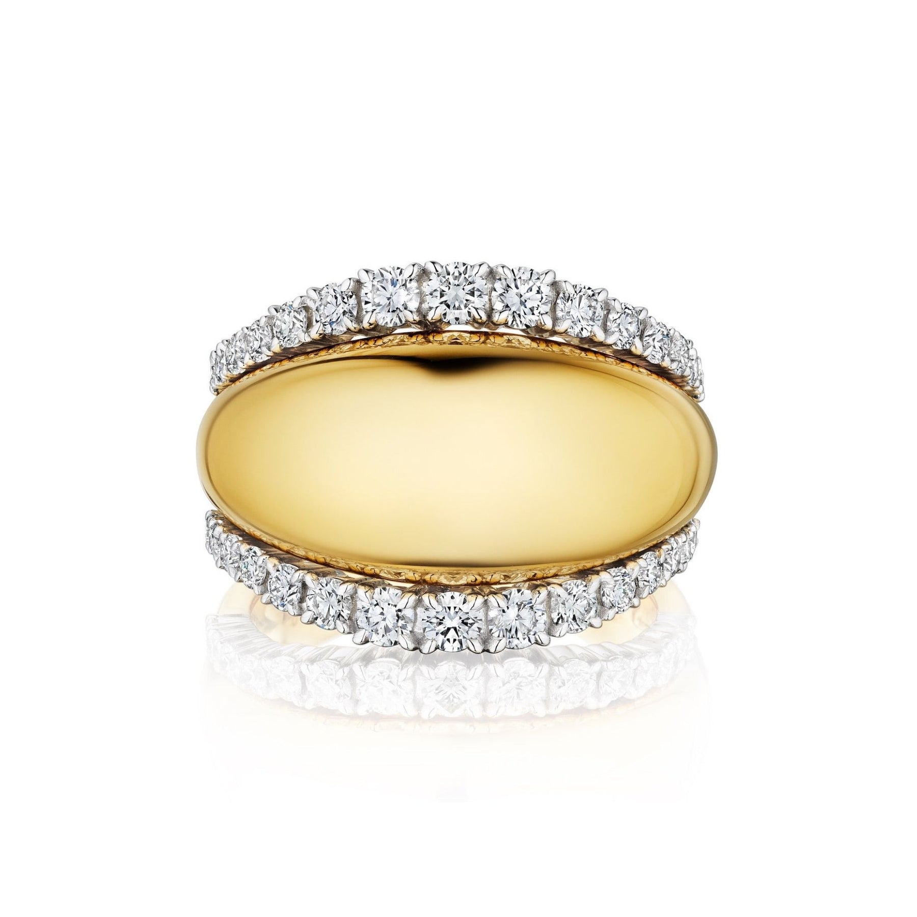 Coil Dome Ring with Pavé Diamond Borders in Yellow Gold