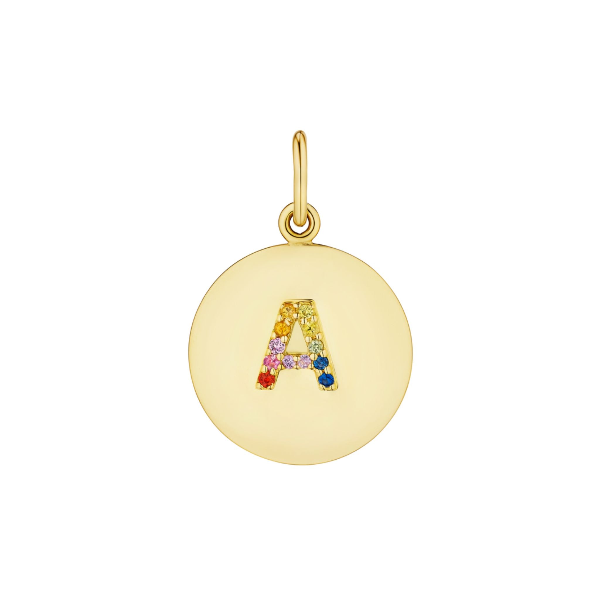 A round yellow gold pendant charm features a letter motif set with vibrant rainbow sapphires, creating an elegant and customizable jewelry piece—perfect for those who love personalized accessories.