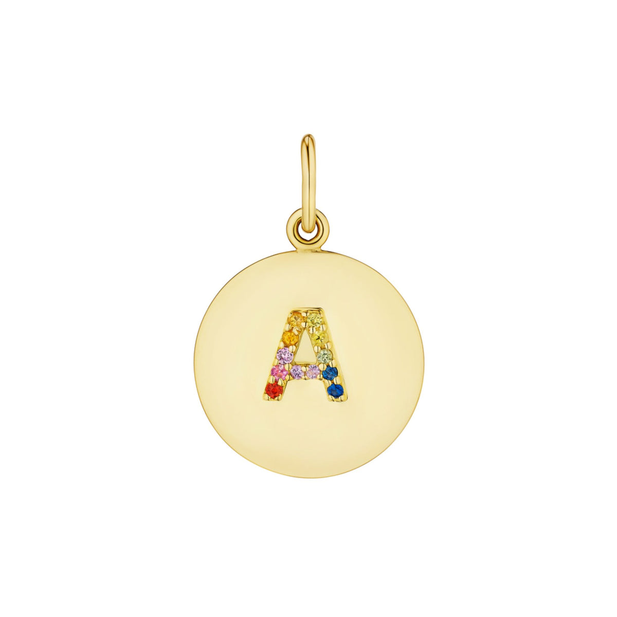 Round Pendant Charm in Yellow Gold with Letter Motif in Rainbow Sapphires