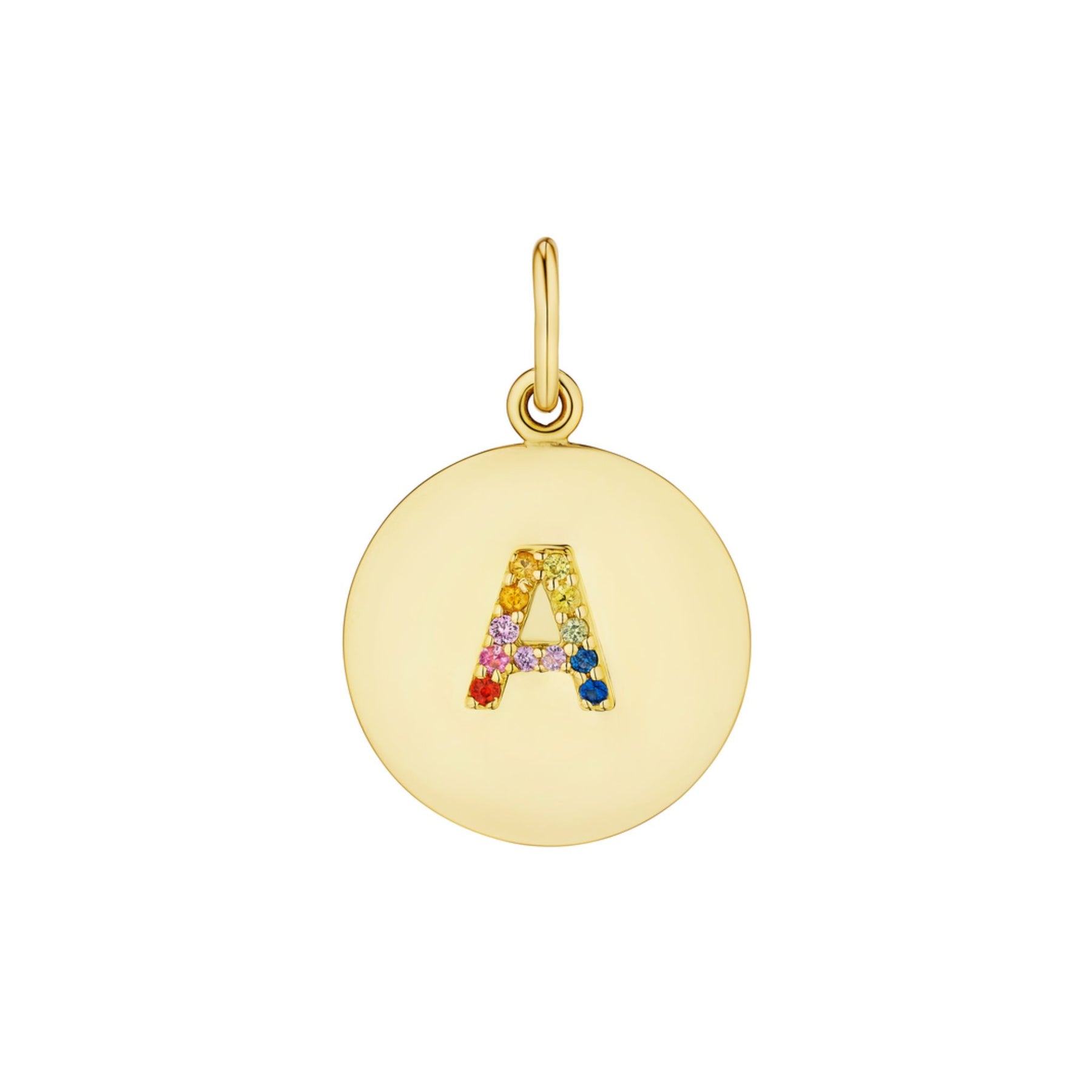 Round Pendant Charm in Yellow Gold with Letter Motif in Rainbow Sapphires
