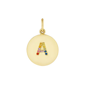 Round Pendant Charm in Yellow Gold with Letter Motif in Rainbow Sapphires