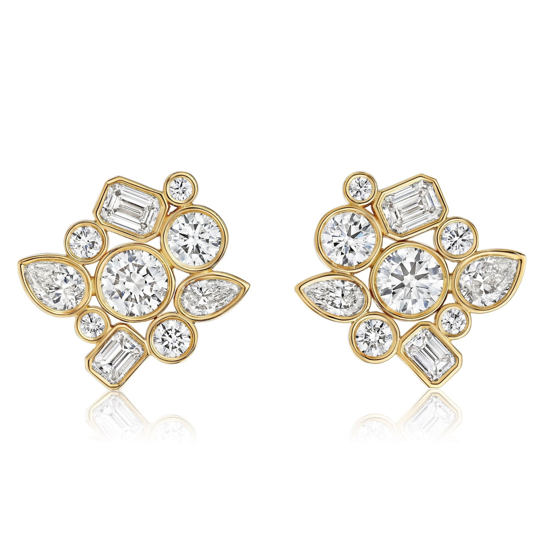 Bezel Set Mixed Shape Diamond Cluster Earrings in Yellow Gold