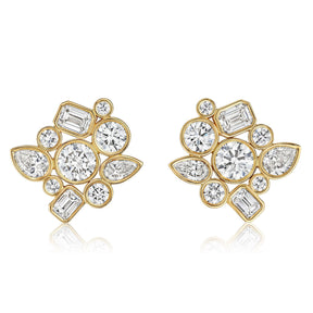 Bezel Set Mixed Shape Diamond Cluster Earrings in Yellow Gold