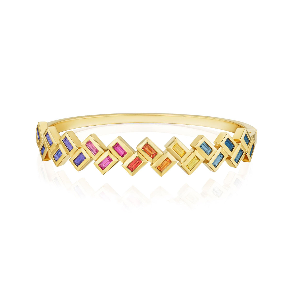 Chroma Chevron Bezel Set Multicolor Baguette Sapphire Bangle in Yellow Gold