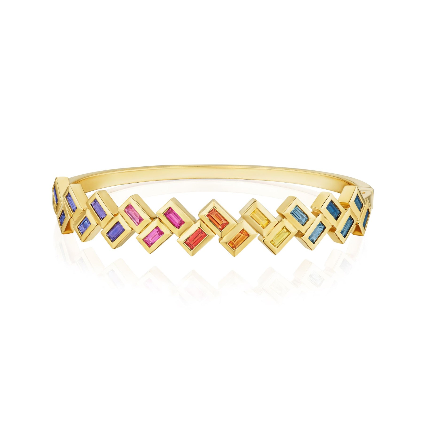 Chroma Chevron Bezel Set Multicolor Baguette Sapphire Bangle in Yellow Gold