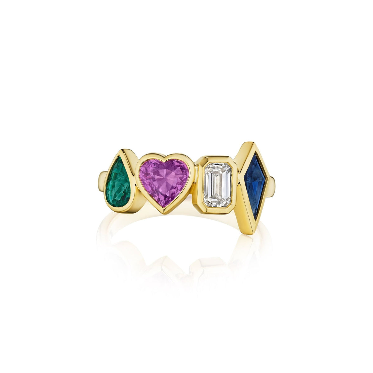 Chroma Heart Beats Bezel Set Cluster Ring in Yellow gold with Mixed Shaped Emerald, Diamond, and Sapphire