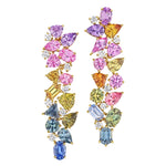 The Chroma Kaleidoscope Drop Earrings feature mixed shape multicolor sapphires and diamonds set in 18K yellow gold, offering a vibrant and elegant style.