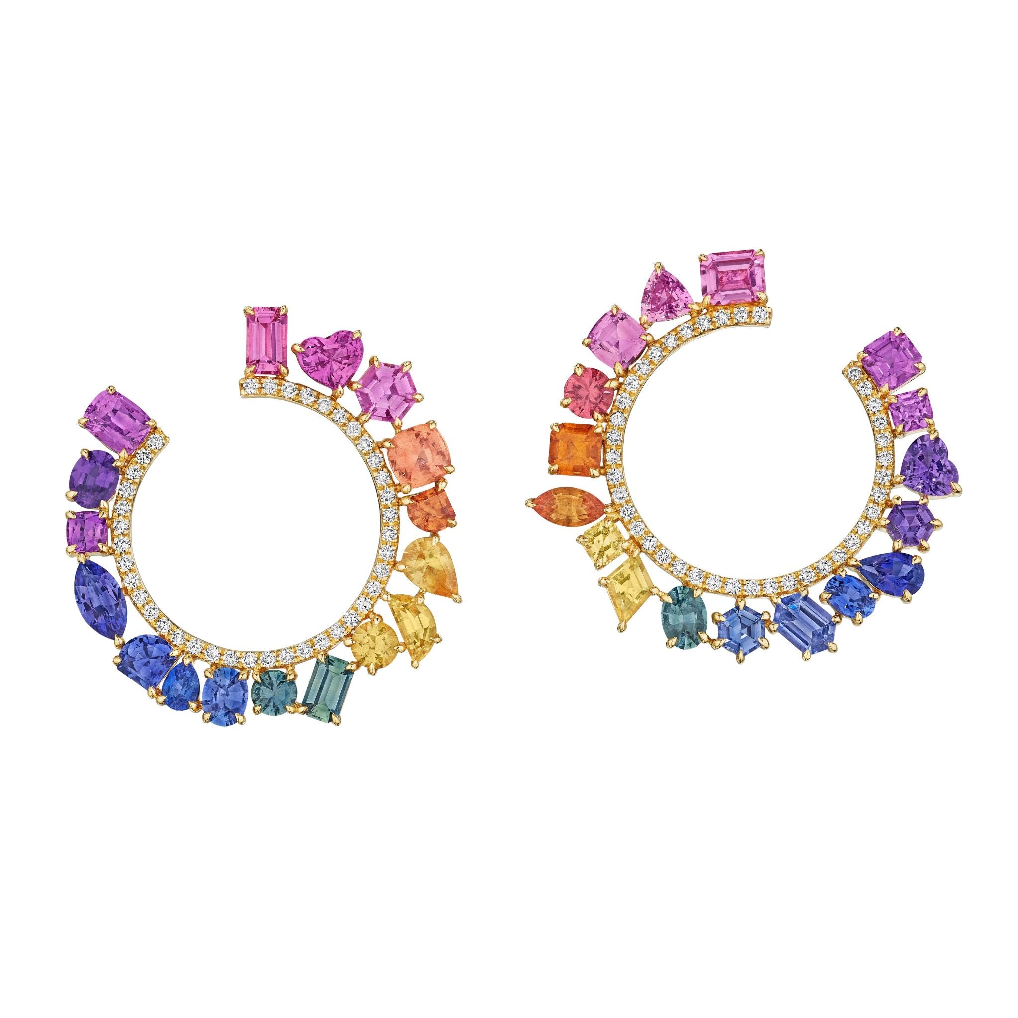 The Chroma Pavé Front-to-Back Hoops feature mixed shape sapphires in a purple, pink, yellow, and blue gradient set in 18K yellow gold, accented with diamond pavé for added sparkle.