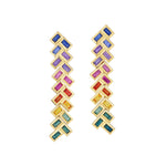 Chevron Drop Earrings in Yellow Gold dazzle with a zigzag design, featuring rows of baguette-cut sapphires in vibrant purple, blue, pink, red, yellow, and green hues.