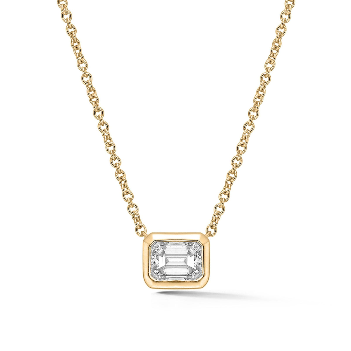 Bezel Set Emerald Cut Diamond Solitaire Pendant in Yellow Gold