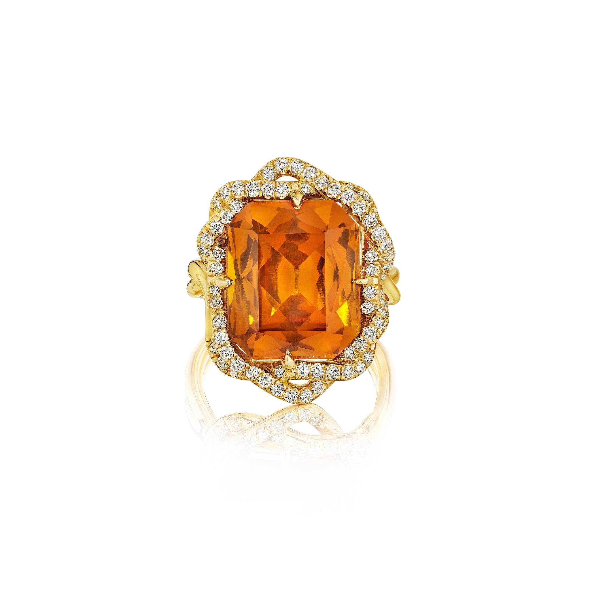 The Bespoke North-South Prong Set Emerald Cut Citrine Cocktail Ring in Yellow Gold with Round Pavé Diamonds Twisted Double Halo is displayed on a white background.