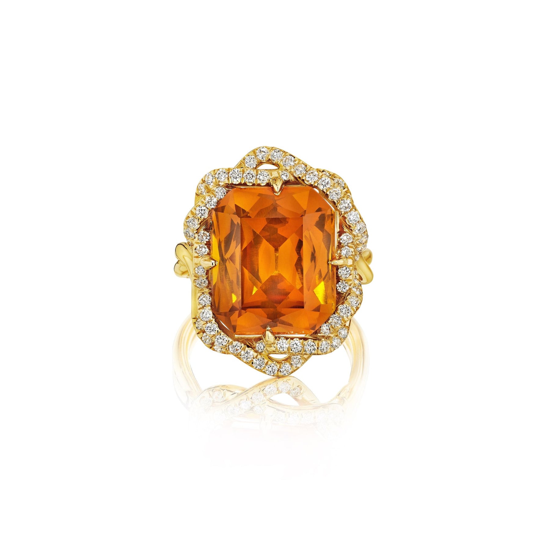 Bespoke North-South Prong Set Emerald Cut Citrine Cocktail Ring in Yellow Gold with Round Pavé Diamonds Twisted Double Halo