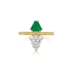 Emerald and Diamond Double Shield Ring in Yellow Gold