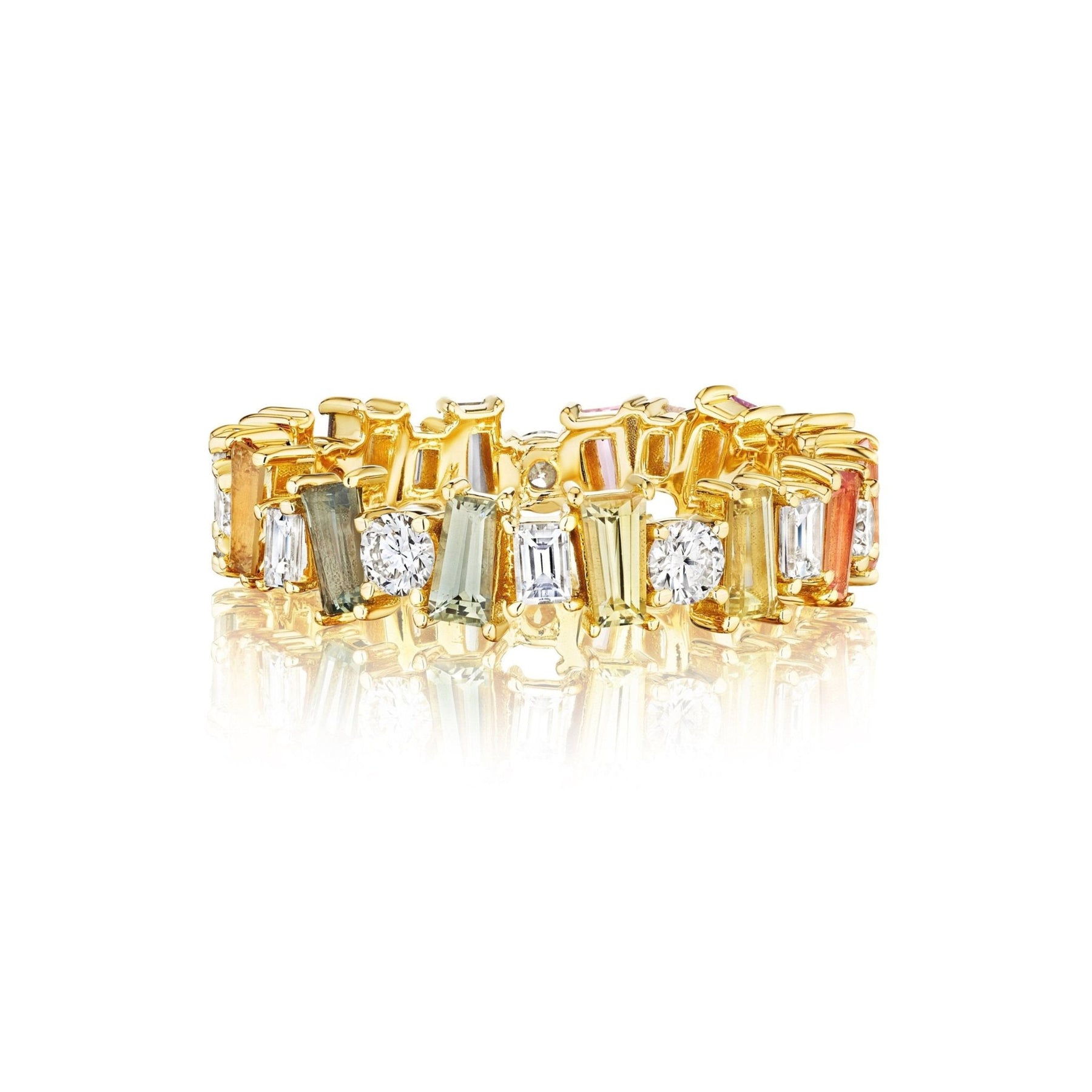 Multicolor Eternity Band in Yellow Gold with Tapered Baguette Sapphires and Round Diamonds