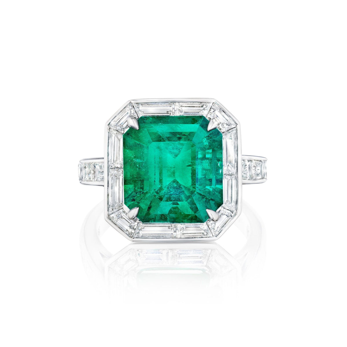 Mosaic Asscher Cut Emerald and Baguette Diamond Cocktail Ring in Platinum
