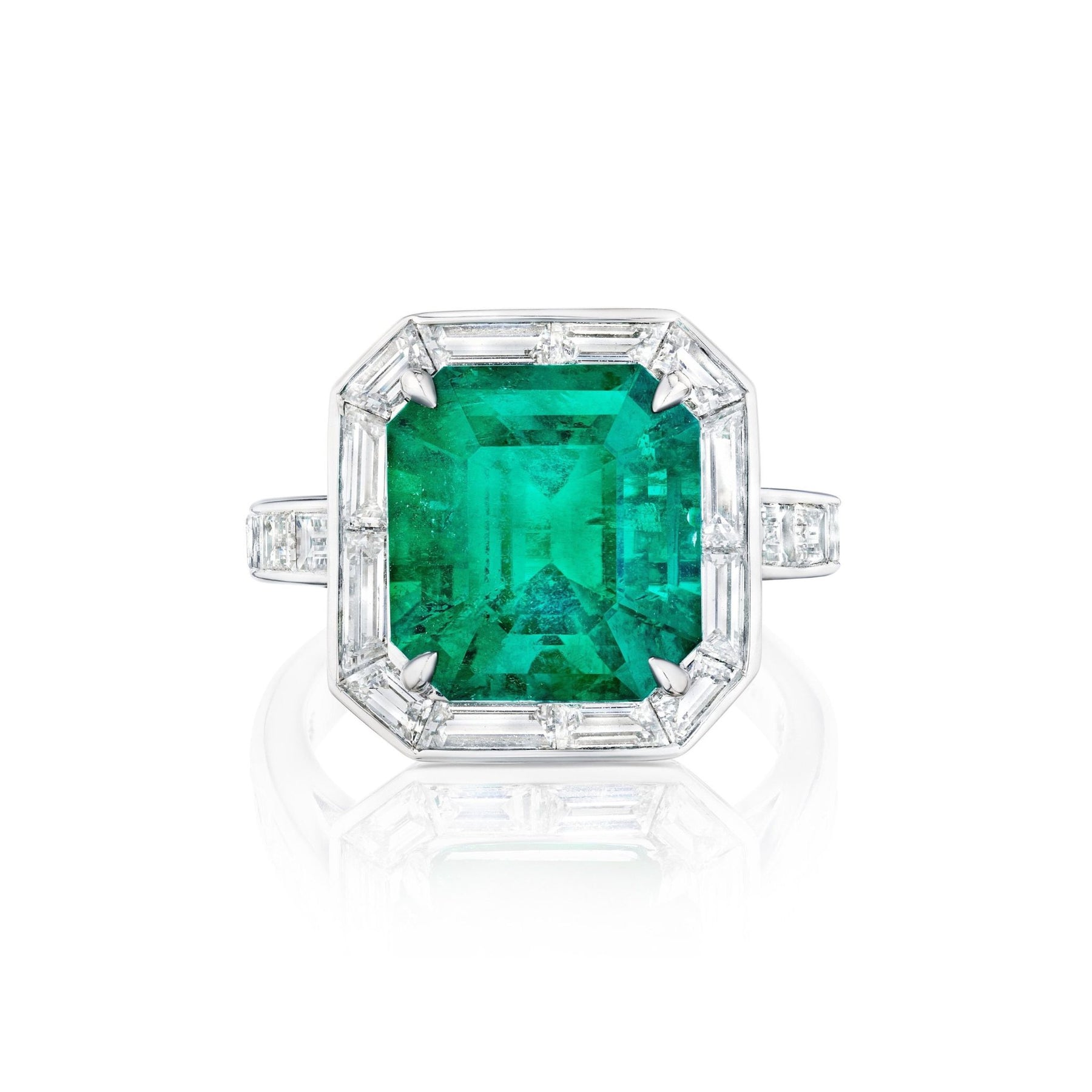 Mosaic Asscher Cut Emerald and Baguette Diamond Cocktail Ring in Platinum