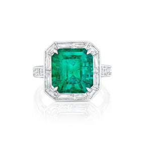 Mosaic Asscher Cut Emerald and Baguette Diamond Cocktail Ring in Platinum