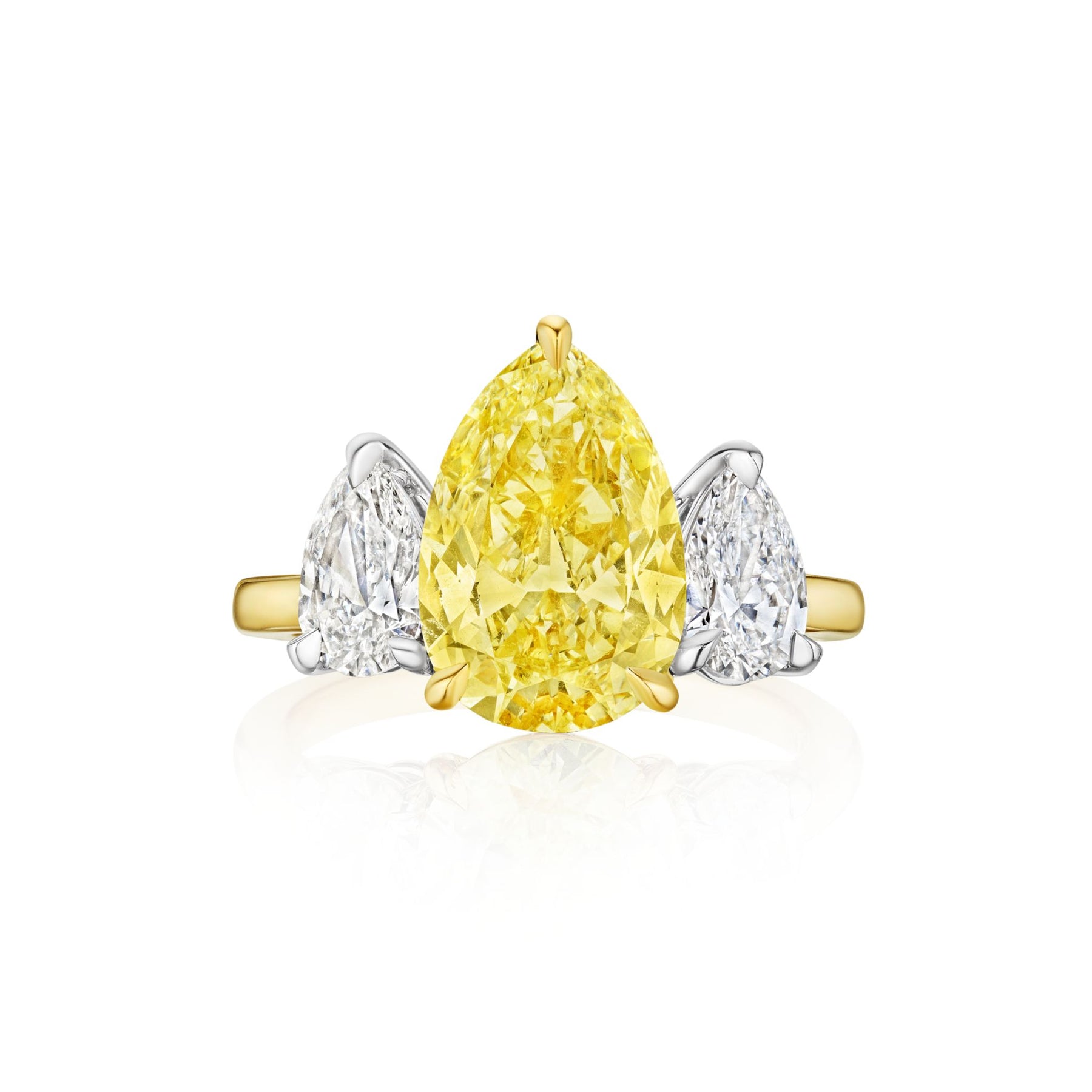 Pear Shape Yellow Diamond Ring with White Diamond Side Stones