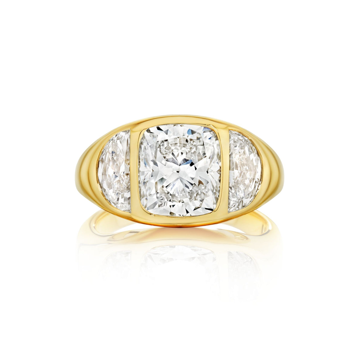 Burnish Set Cushion Diamond Engagement Ring with Half Moon Side Stones