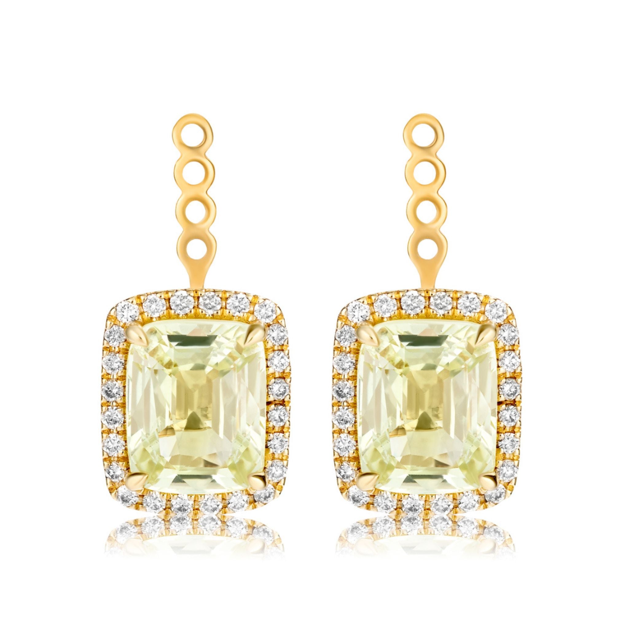 The Chartreuse Sapphire Pavé Ear Jackets are gold earrings with rectangular pale yellow gemstones, pavé-set white diamonds, and connecting chains of circular gold links.