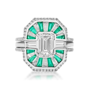Bespoke Mosaic Tapered Baguette Emerald and Diamond Ring Jacket in White Gold with Pavé Diamond Band