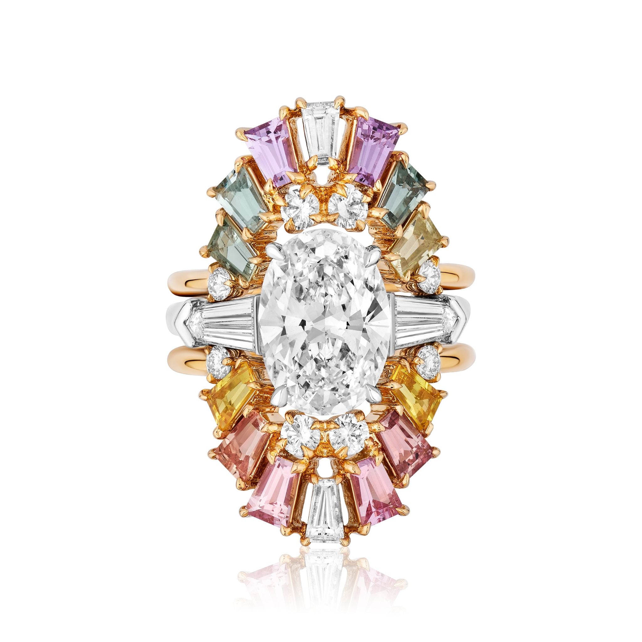 The Bespoke Multicolor Tapered Baguette Sapphire and Round Diamond Ring Jacket in Yellow Gold features a large oval diamond centerpiece, surrounded by pink, green, yellow, and purple baguette sapphires with round diamonds in gold and silver accents.