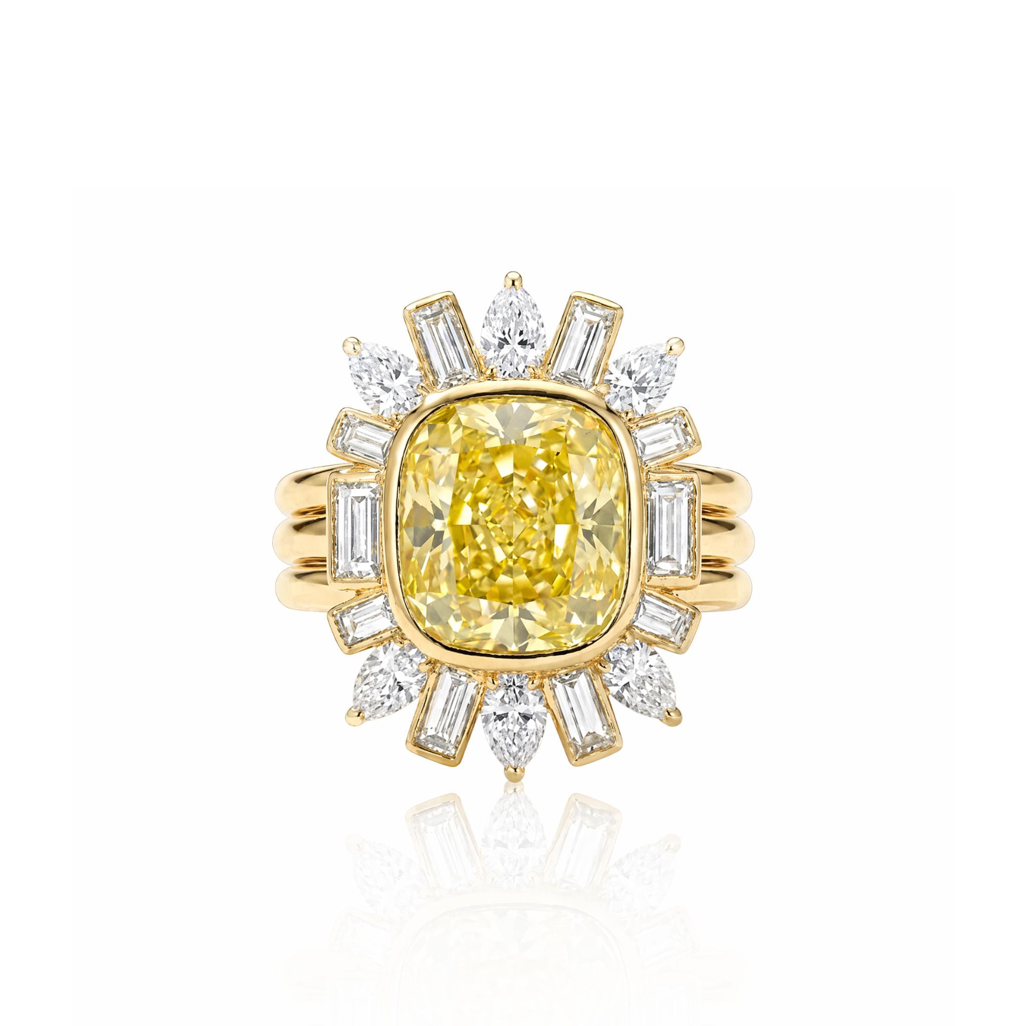 A gold ring with a large cushion-cut yellow gemstone, surrounded by alternating round and baguette diamonds in a sunburst design—ideal for pairing with the Bezel Set Cushion Cut Yellow Diamond Ring Jacket with Pear and Emerald Cut Side Stones.