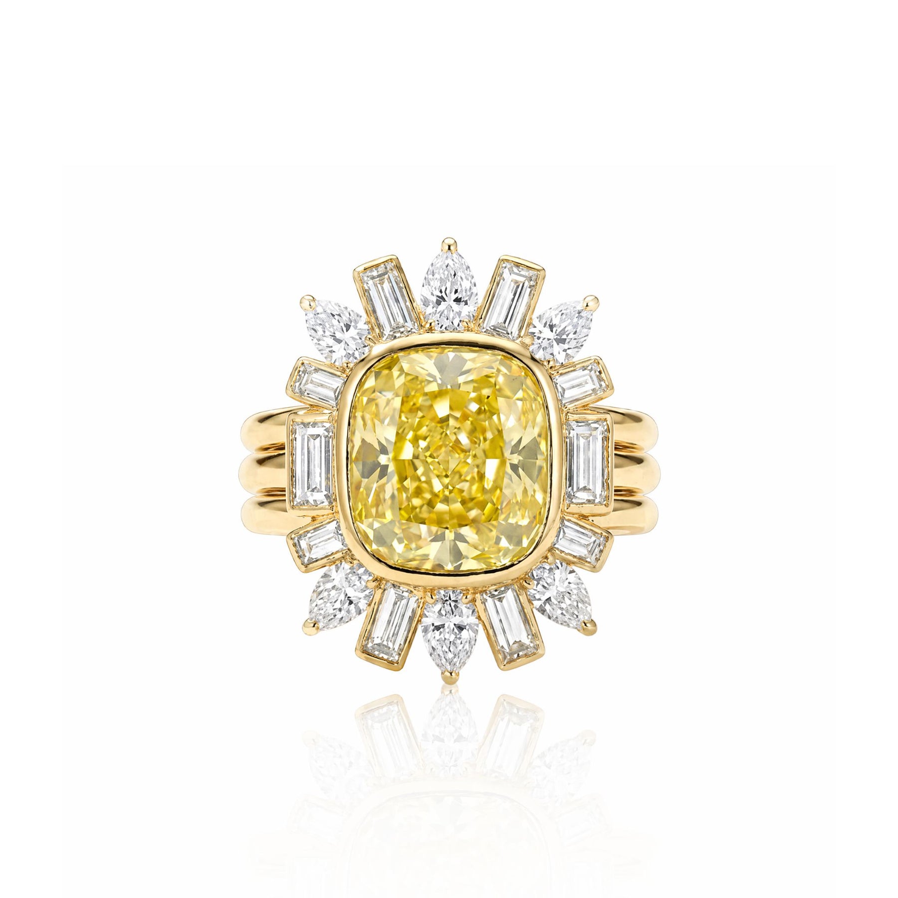 Bezel Set Cushion Cut Yellow Diamond Ring Jacket with Pear and Emerald Cut Side Stones