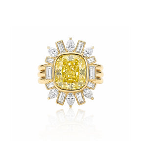 Bezel Set Cushion Cut Yellow Diamond Ring Jacket with Pear and Emerald Cut Side Stones
