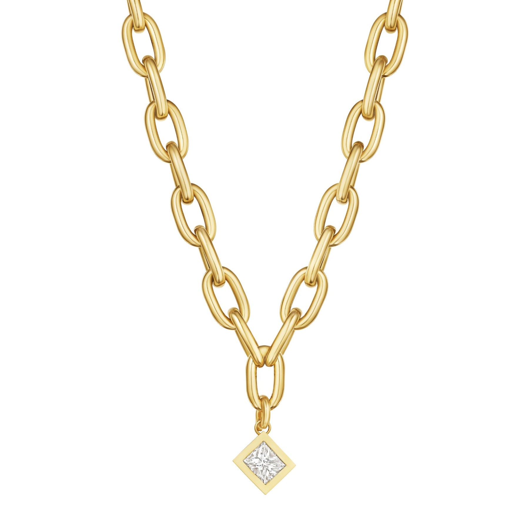 Chain Necklace with Diagonal Bezel Set Elongated Square Diamond Charm in Yellow Gold