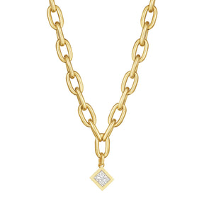 Chain Necklace with Diagonal Bezel Set Elongated Square Diamond Charm in Yellow Gold